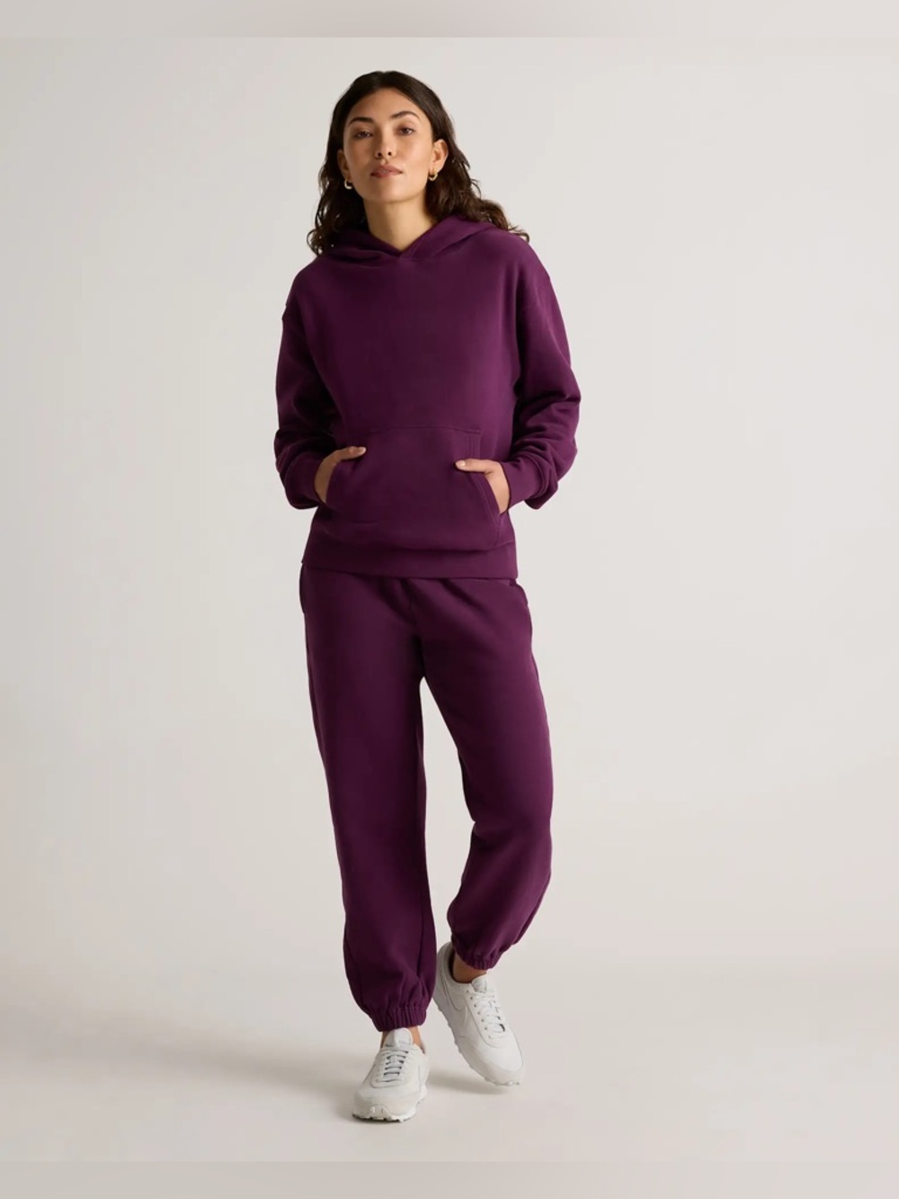 Quince Plum Organic Heavyweight Fleece Boyfriend Sweatpants and Hoodie pair